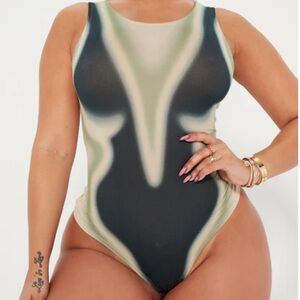 Fashion Nova Out Of Body Black, Green and Tan Bodysuit Size 1X